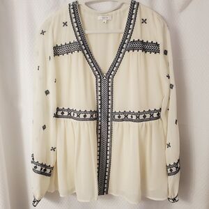 Maette Woman's Long Sleeve Babydoll Blouse Cream w/Blue Embroidery Feminine Sz M